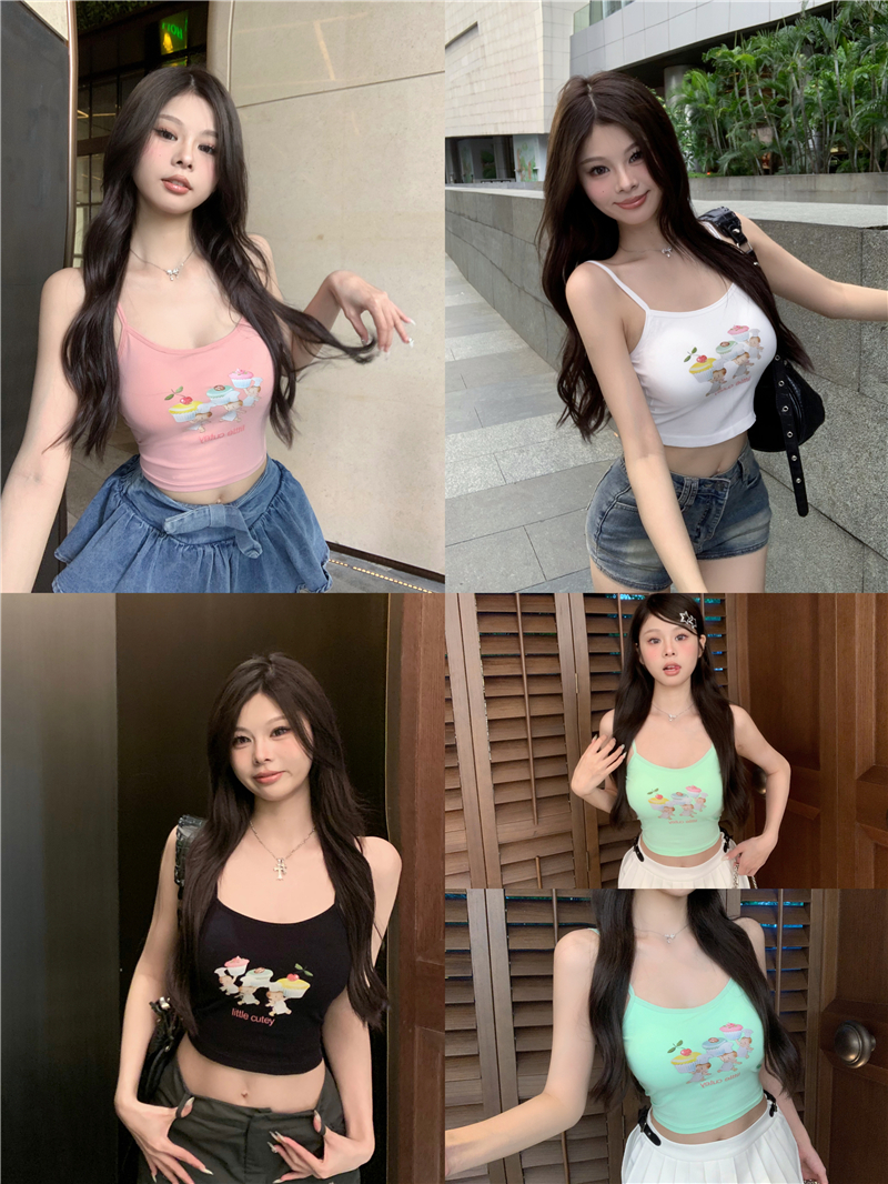 實拍純欲風卡通印花帶胸墊吊帶背心外穿修身短款美背