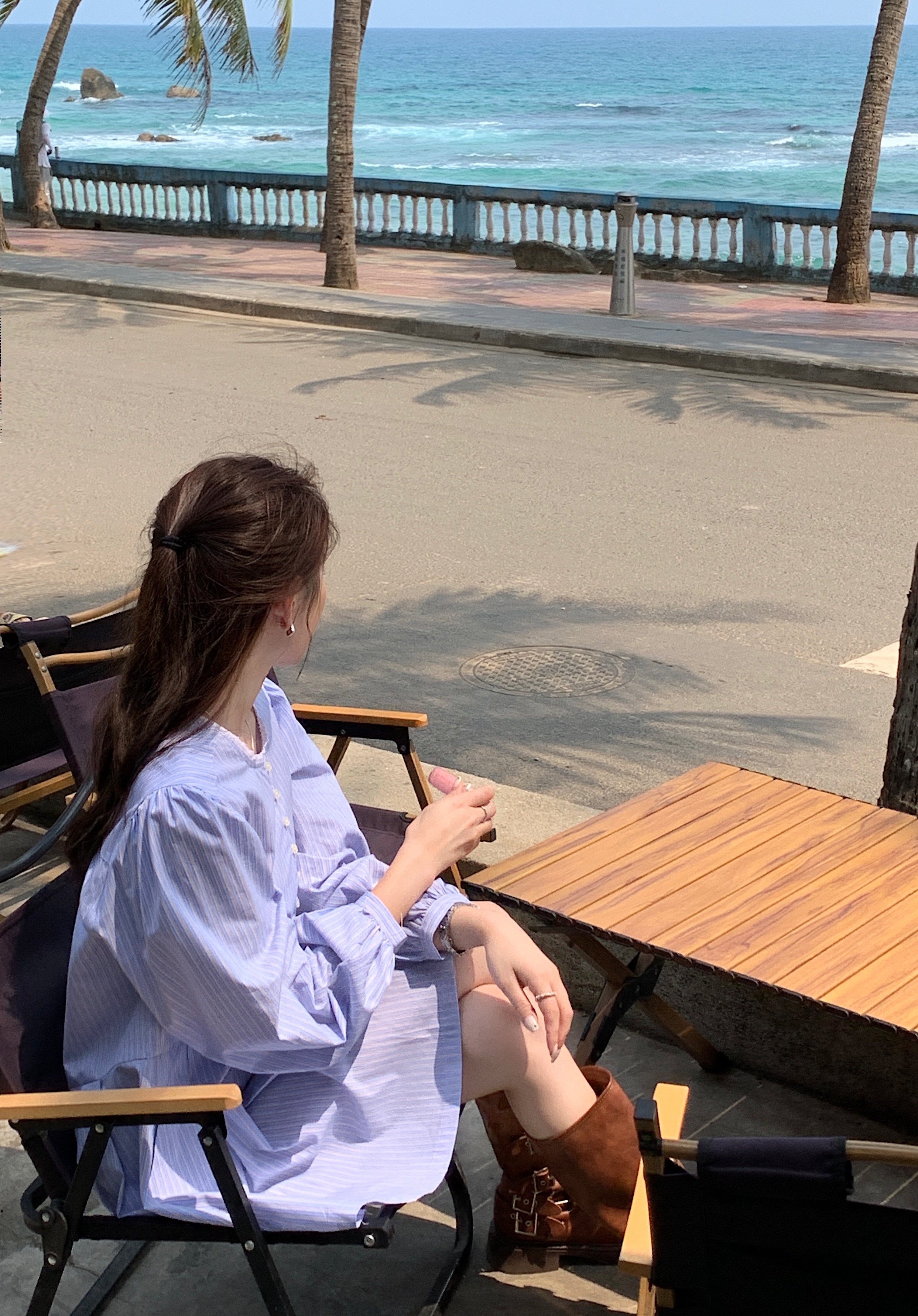 Real shot Korean chic French style round neck refreshing striped dress sun protection skirt