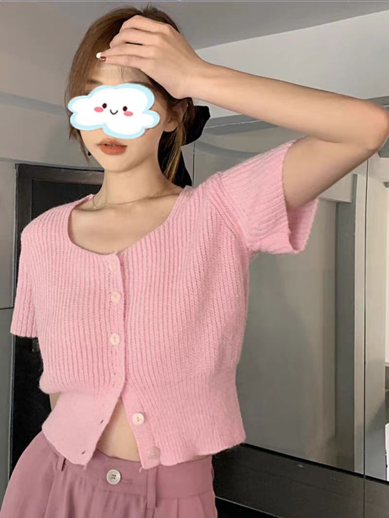 白色方領短袖針織開衫女春季2024新款設計感短款收腰別致上衣薄款