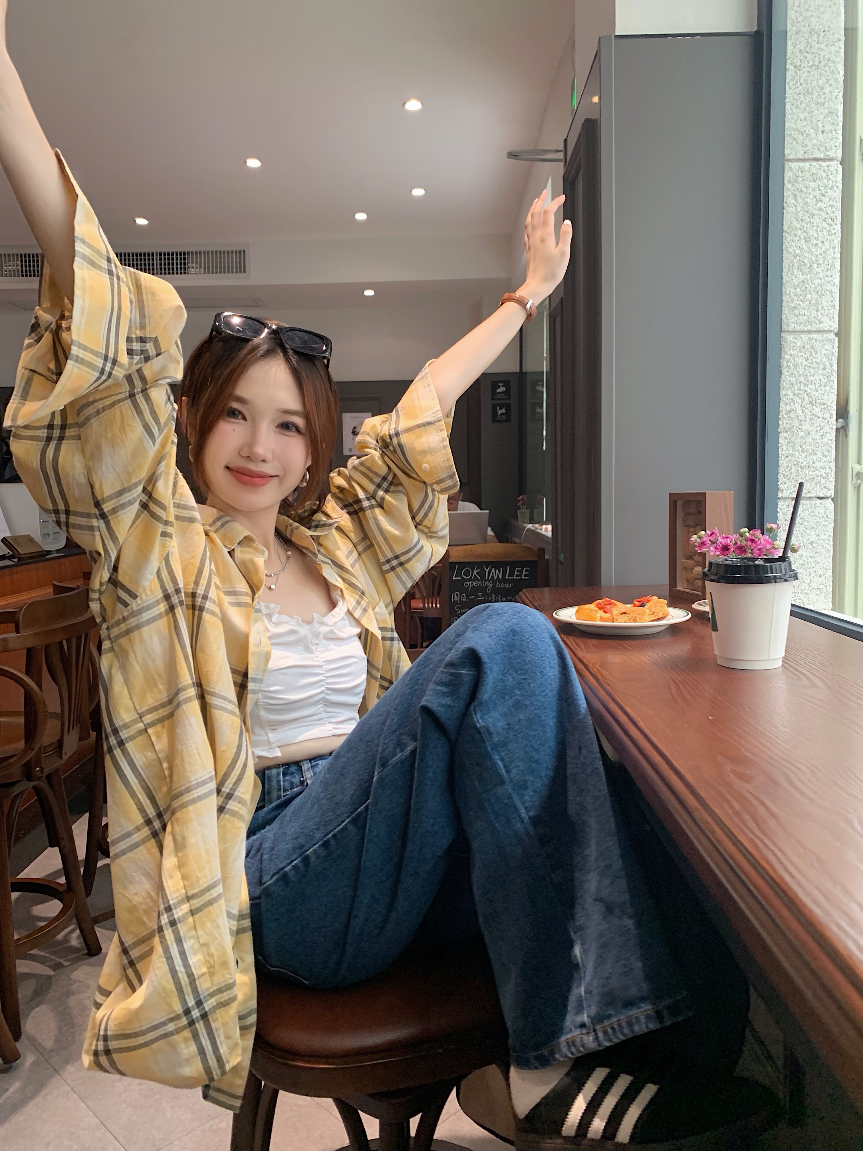 Real shot Korean style versatile retro yellow plaid loose big shirt sun protection jacket