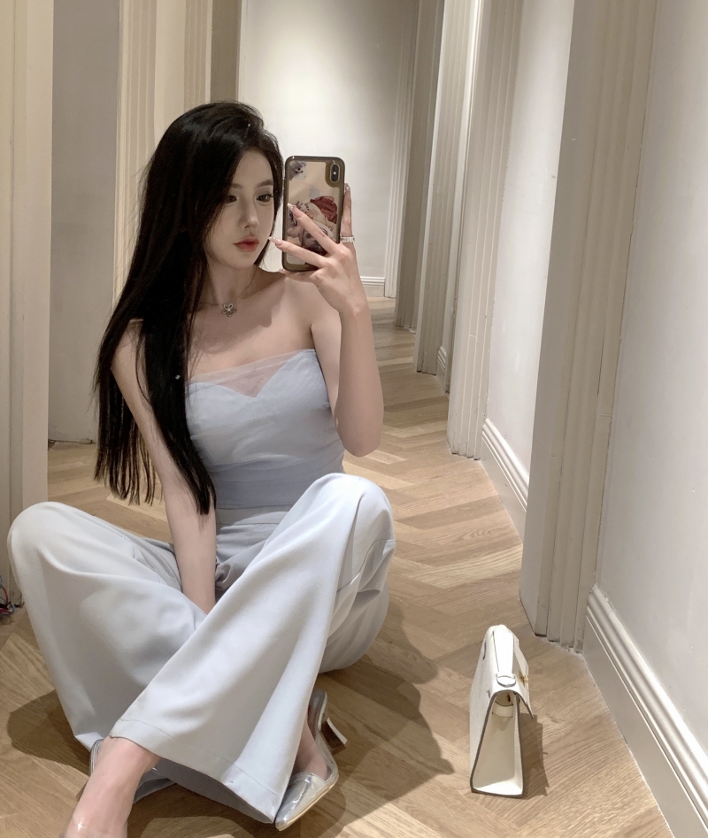 實拍 泰國女神 桃心網紗抹胸 垂感西褲 氣質套裝