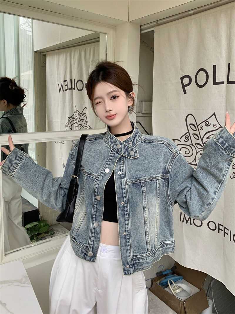 實拍~立領牛仔外套女裝2024春季新款甜酷短款機車服韓版氣質夾克