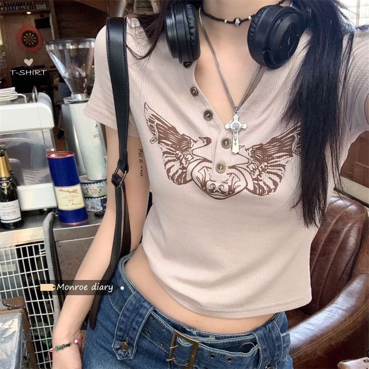 已出貨 復古印花短袖美式辣妹v領修身顯瘦設計感小眾短款上衣服