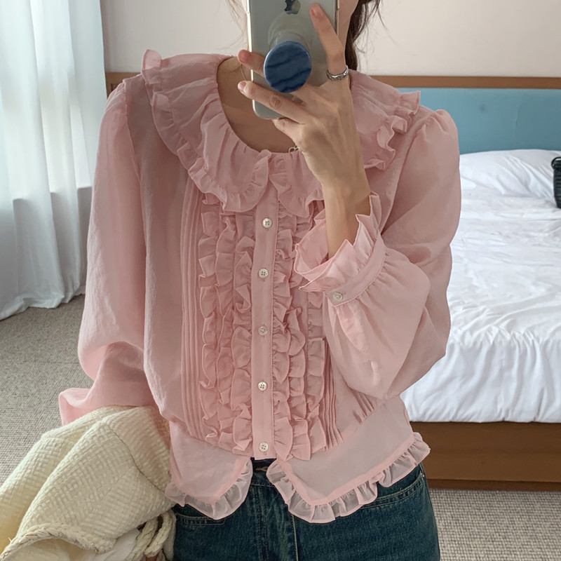 實拍 甜蜜少女粉~ 褶皺花邊領拼接微透上衣單排扣長袖襯衫