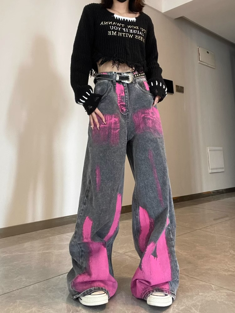 Remedie潮牌***塗層煙灰色牛仔褲女美式高街闊腿褲A型直筒拖地褲