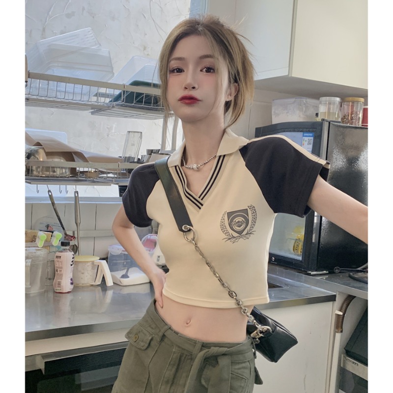 已出貨 純棉 Polo衫設計感修身短款歐美辣妹上衣插肩袖T恤夏季短