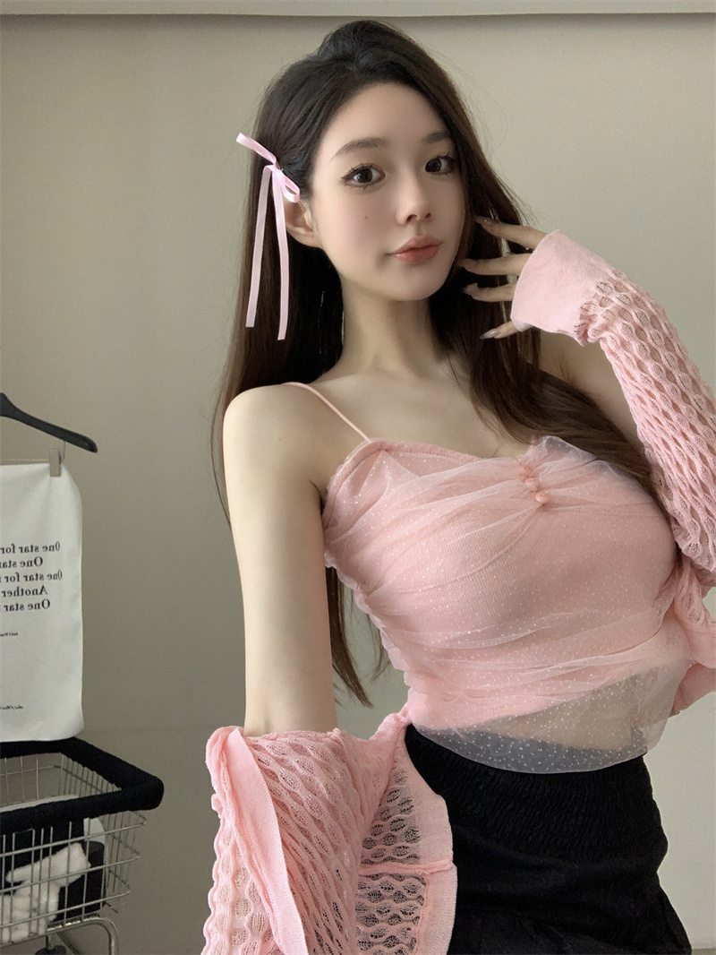實拍  甜美純欲網紗吊帶女薄酷鹽系防曬開衫上衣辣妹兩件套