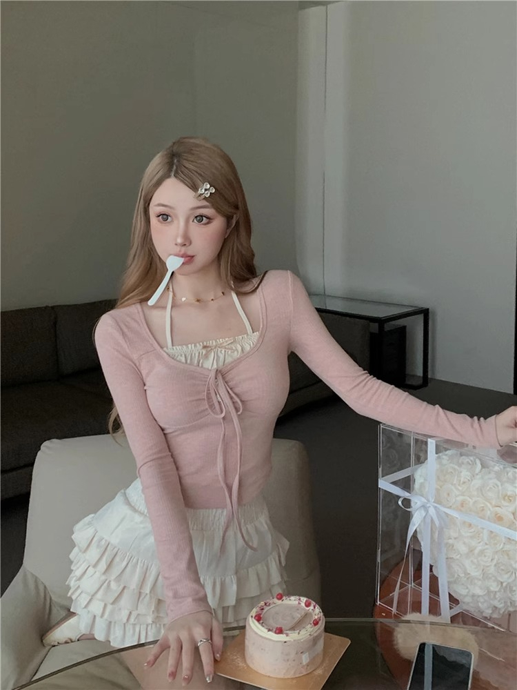 春季假兩件甜辣妹長袖T恤女套裝芭蕾風粉色修身短款純欲別致上衣