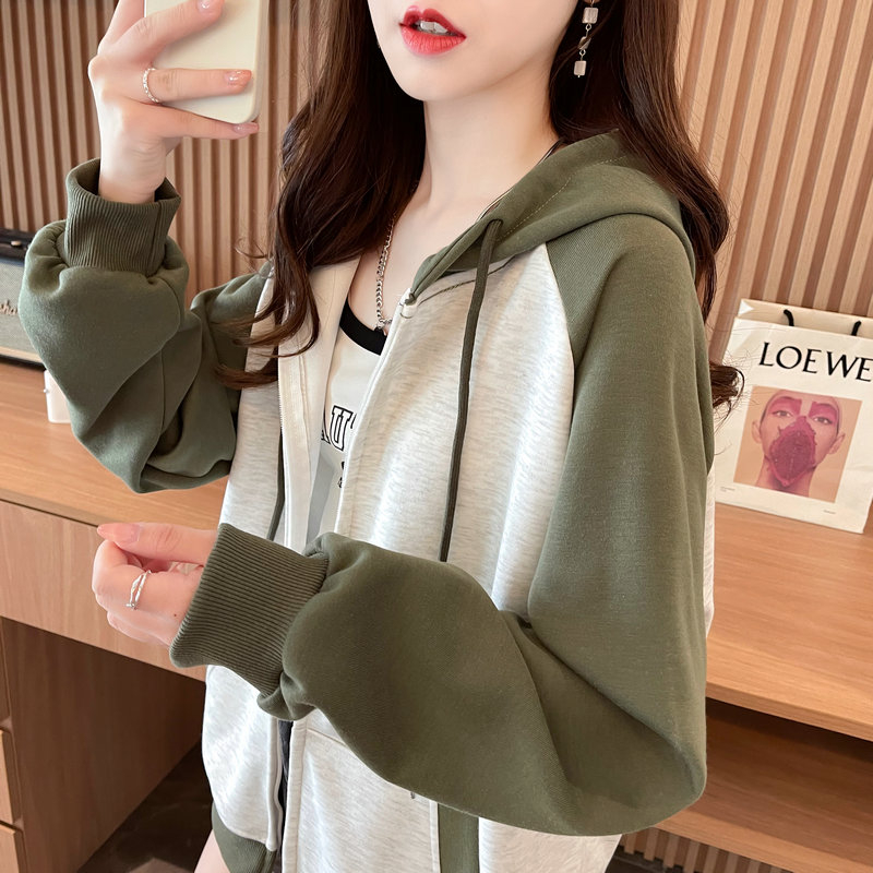 Real shot 2024 spring new Korean style 320g loose hooded color-blocked zipper cardigan thin jacket for women
