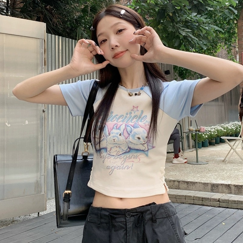 已出貨 大碼卡通印花短袖t恤女夏季胖MM短款甜辣修身上衣設計感