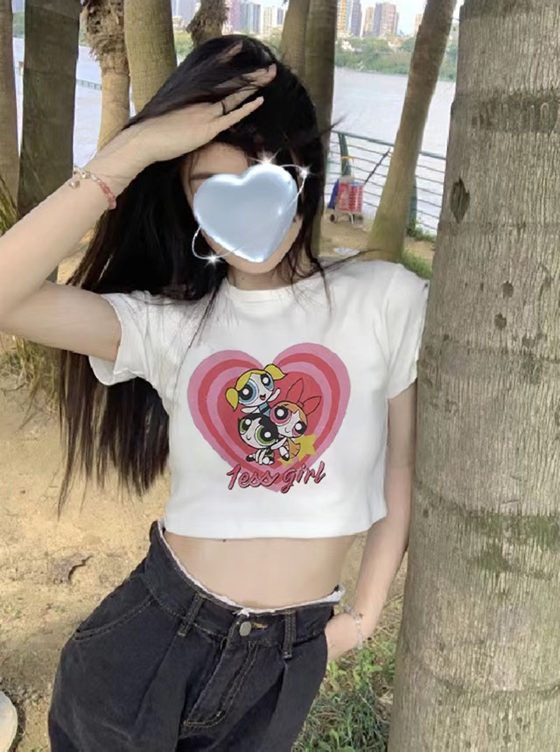 美式設計感小眾純欲風甜辣印花短袖t恤女夏短款小個子上衣