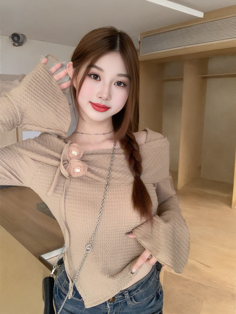 精緻絕美立體花朵抽繩T恤女秋季2024新款純欲修身短款喇叭袖上衣