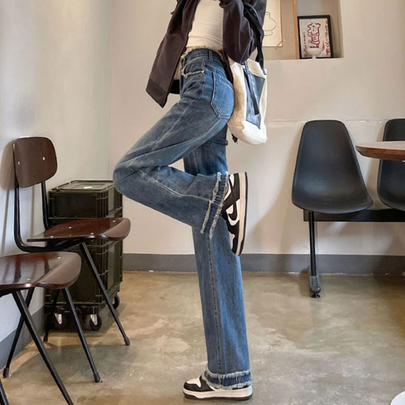 毛邊牛仔褲女時尚梨形遮肉小眾高腰垂墜感復古拖地直筒闊腿長褲子