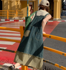 Summer New Arrival Plus-Size Women's Clothing: Stylish Patchwork Denim Skirt with Frayed Edges, Mid-Length Suspender Dress—Available in Sizes S to 5XL, Fits Up to 200 lbs