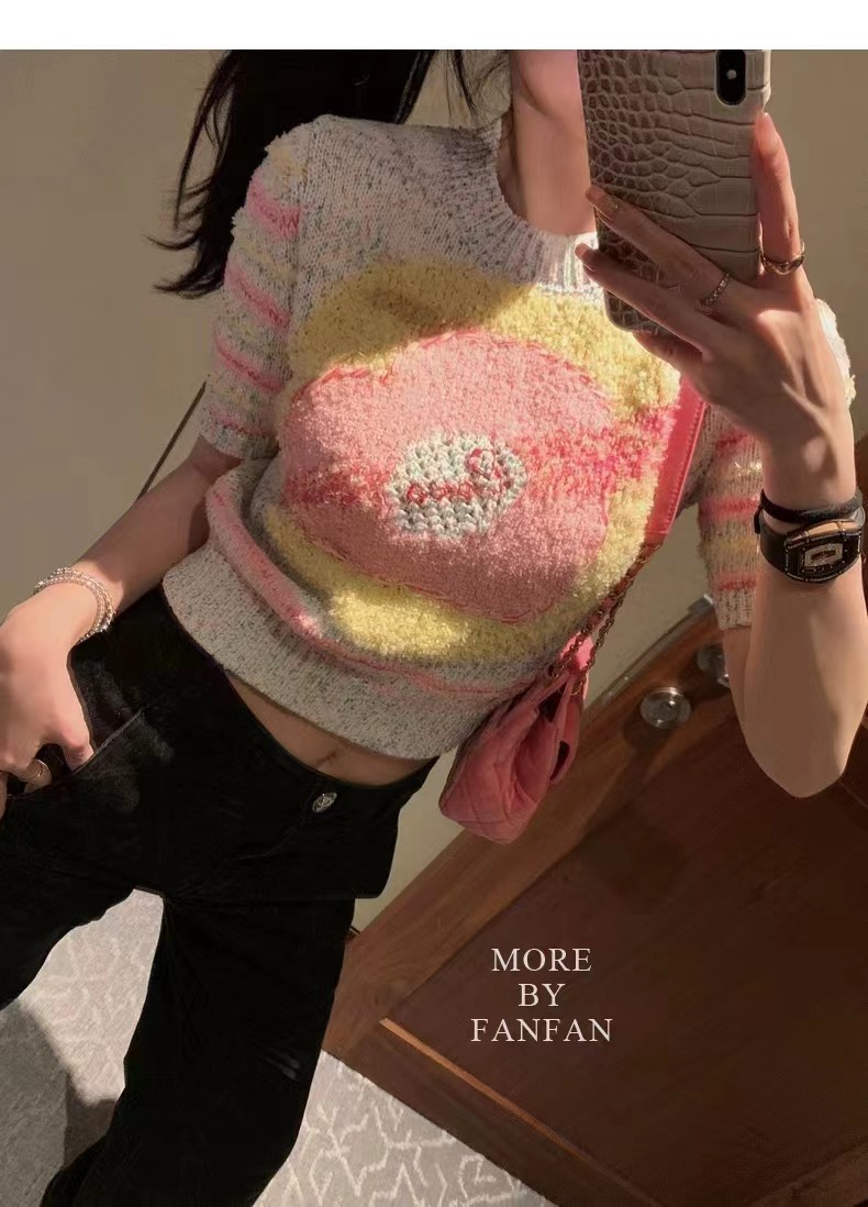 愛心短袖套頭毛衣女春秋內搭打底針織衫修身顯瘦性感辣妹短款上衣