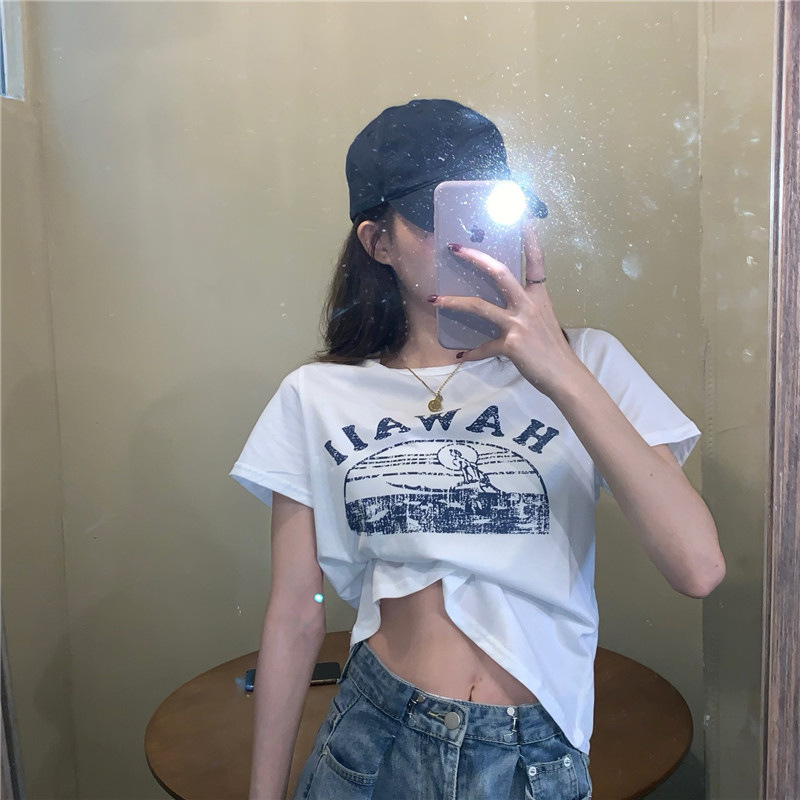 短款甜辣妹風上衣女chic露臍bm風美式復古短袖T恤女ins潮