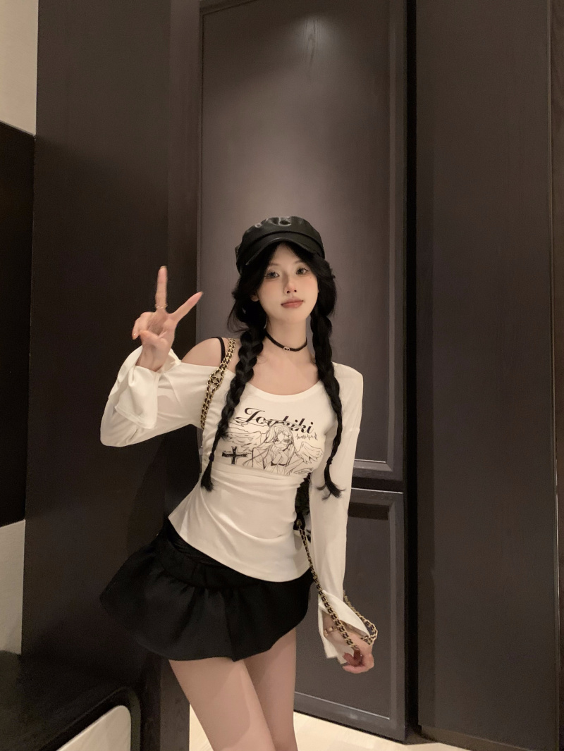 實拍 早秋辣妹純欲印花彈力後腰綁帶收腰顯瘦斜肩長袖T恤