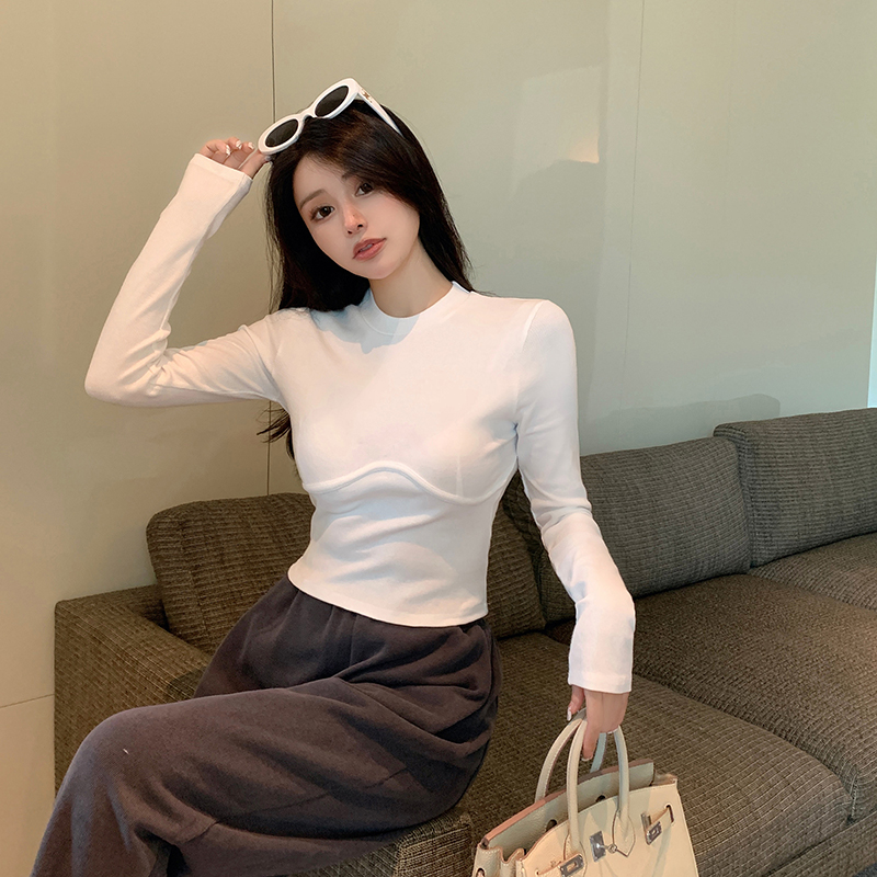 Real shot of European and American style sweet and spicy tight-fitting long-sleeved bottoming shirt short T-shirt for women in spring and autumn high-waisted navel top trendy