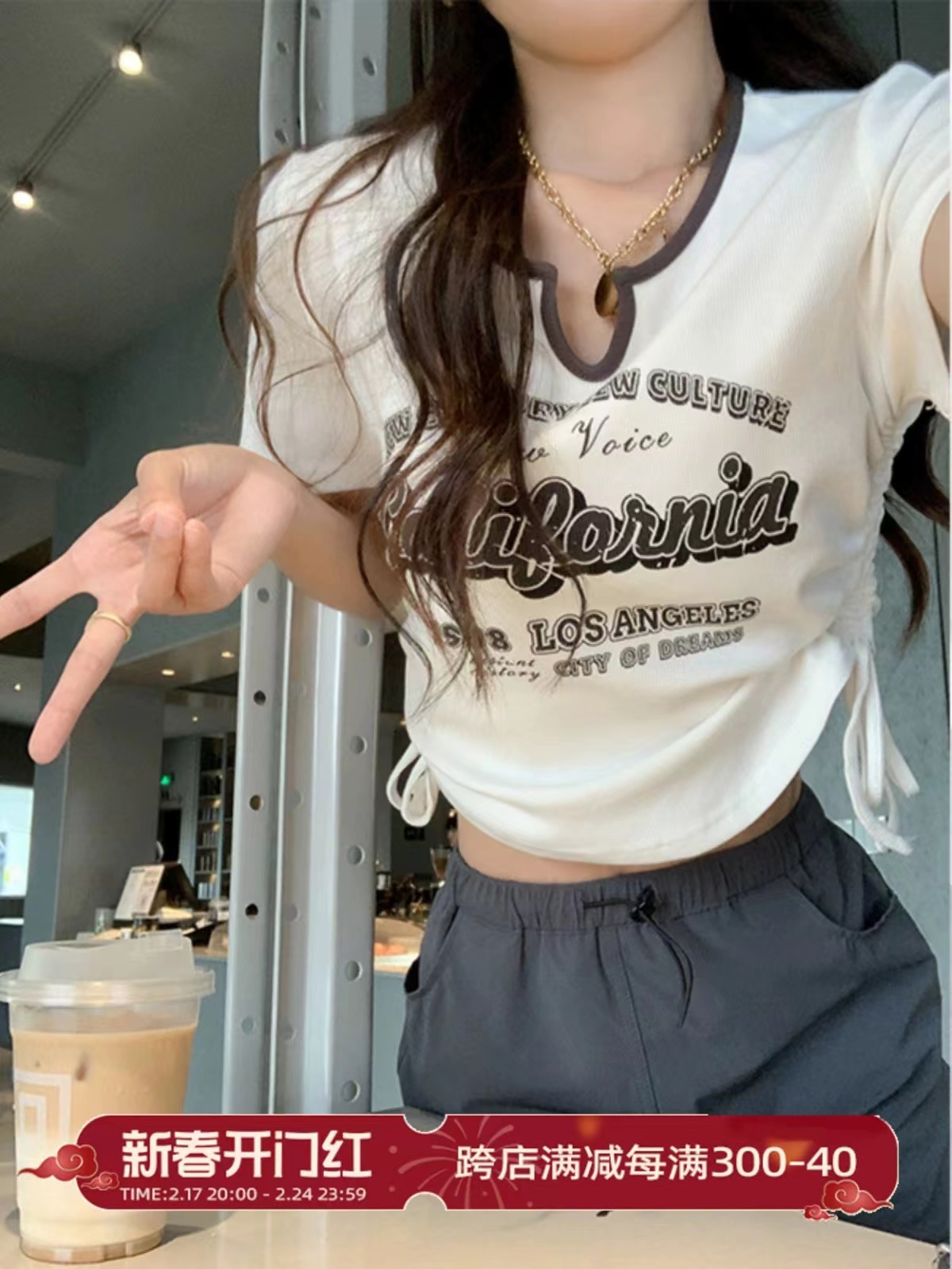 曾小咸印花短袖T恤女夏季新款美式正肩短款設計感抽繩修身上衣潮