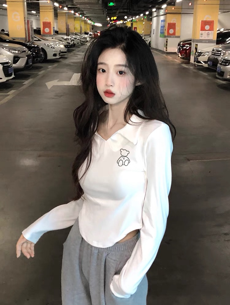 polo領長袖女早春設計感高腰短款上衣2024新款打底衫