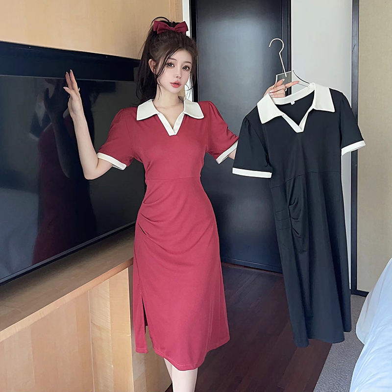 實拍大碼撞色polo連衣裙女夏季新款氣質少女收腰顯瘦開叉中裙子