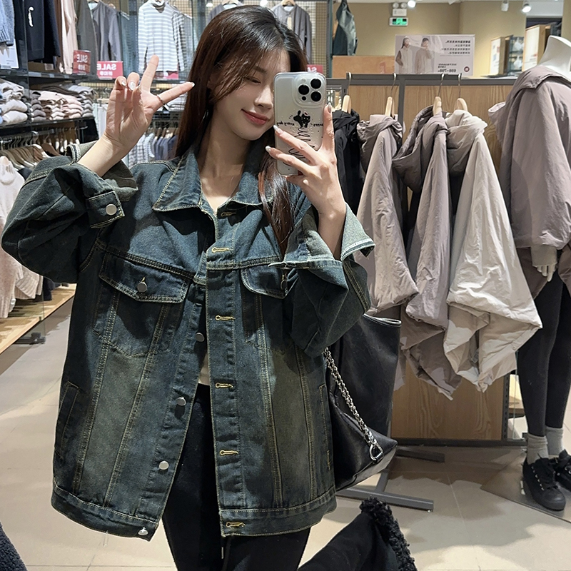 實拍~美式高街復古寬鬆水洗做舊牛仔外套女2024春秋新款