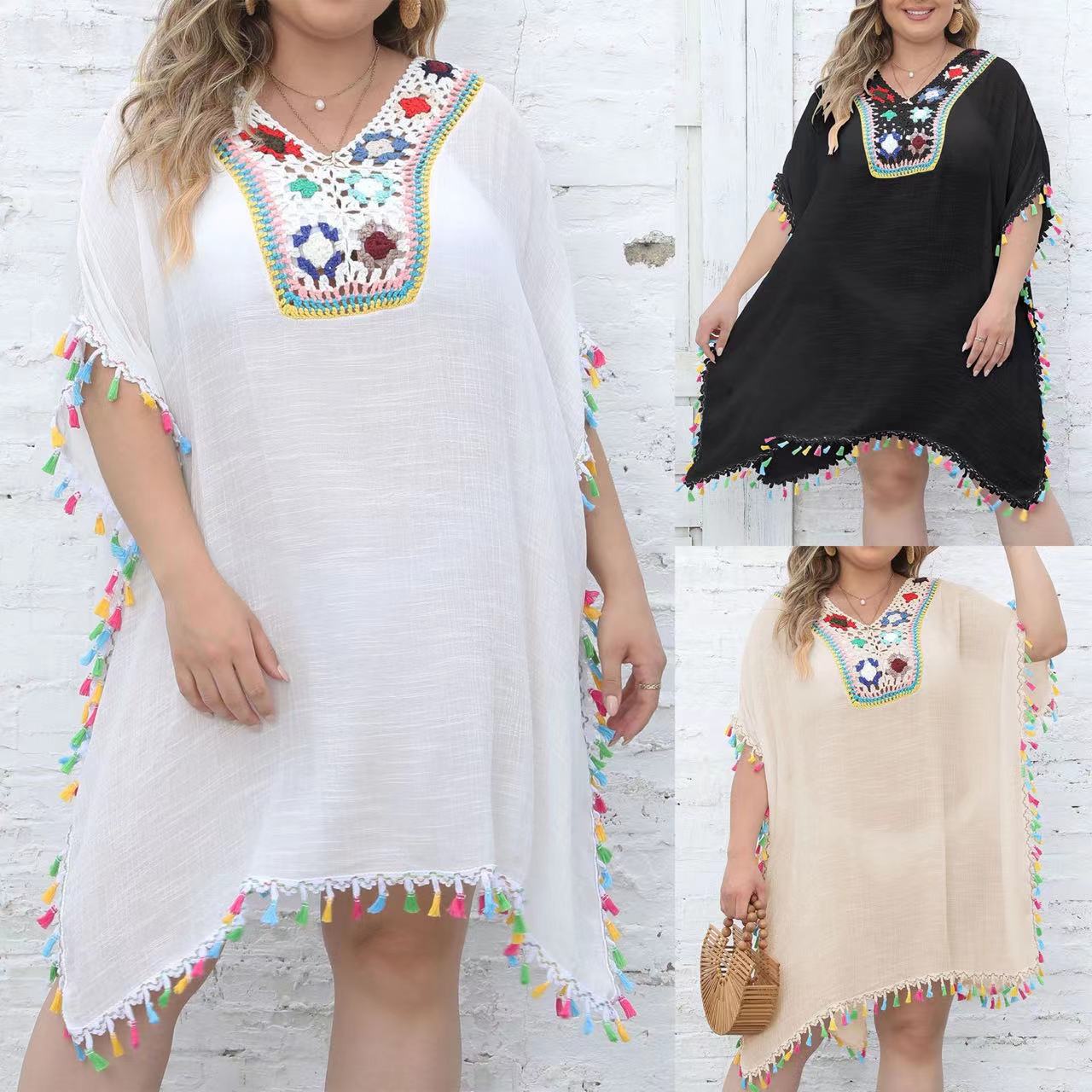 Beach vacation bikini cover-up women's mid-length V-neck hollow sun protection beach swimsuit jacket sweater summer