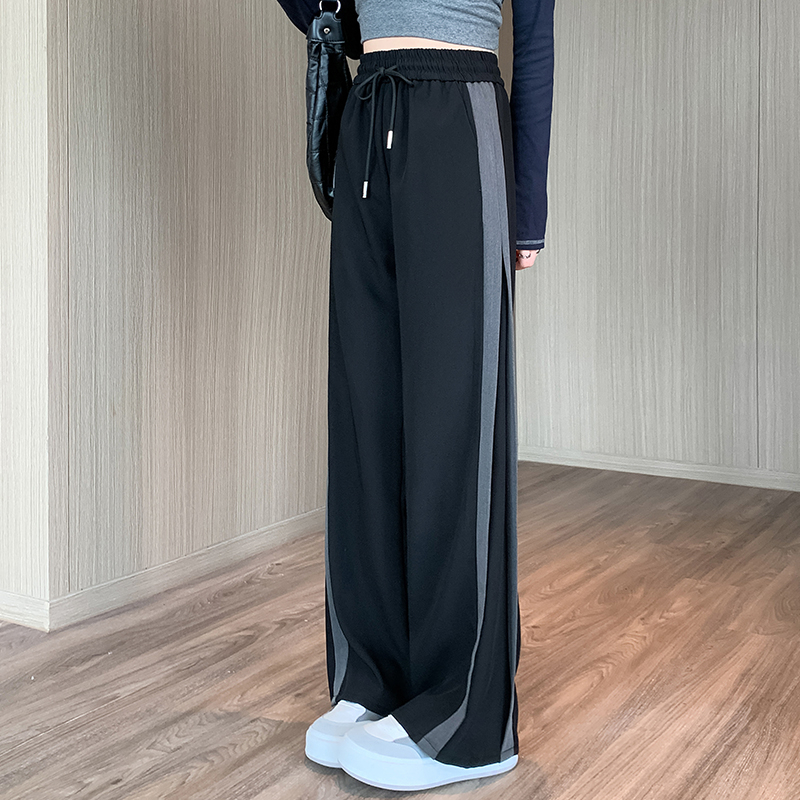 實拍2100休閒運動褲女春秋2024新款高腰寬鬆顯瘦垂感闊腿拖地長褲