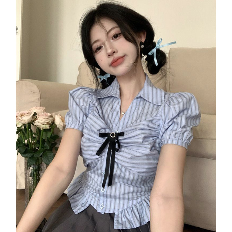 甜美辣妹套裝裙女條紋蝴蝶結褶皺襯衫女夏