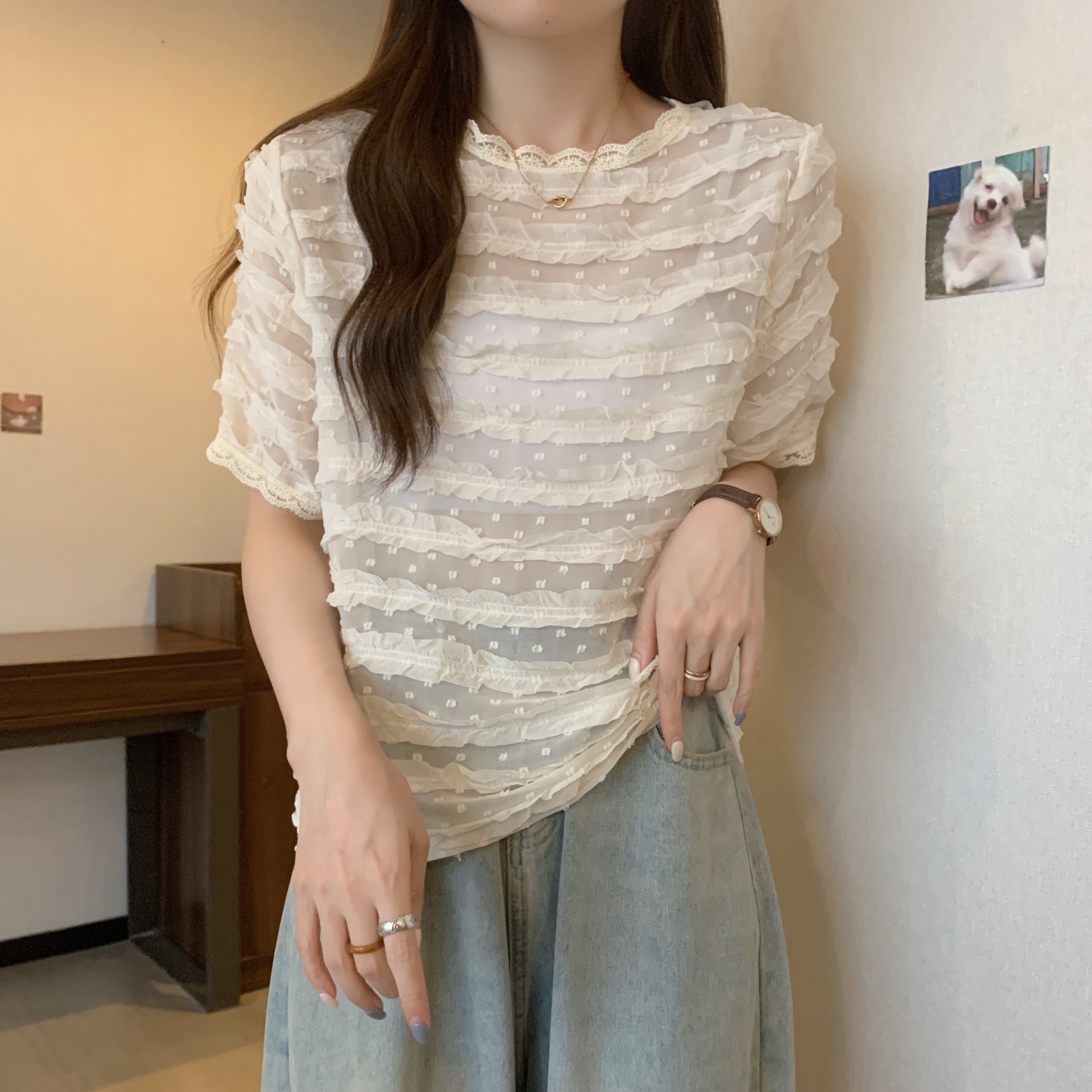 Real shot of plus size women's super fairy sweet lace chiffon chic puff sleeves style shirt M-4XL 200 pounds