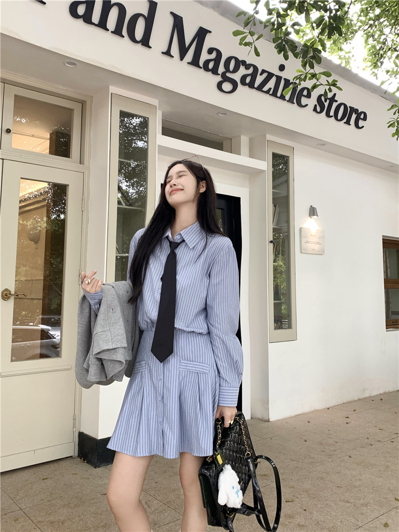 Real shot~College style single-breasted waist slimming striped dress with tie