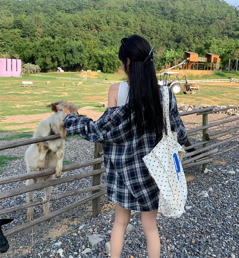 實拍~外搭復古格子襯衣慵懶風寬鬆開衫外套長袖上衣