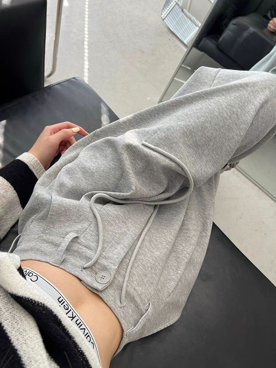 ，灰色運動褲女高腰闊腿春秋直筒休閒薄款美式衛褲