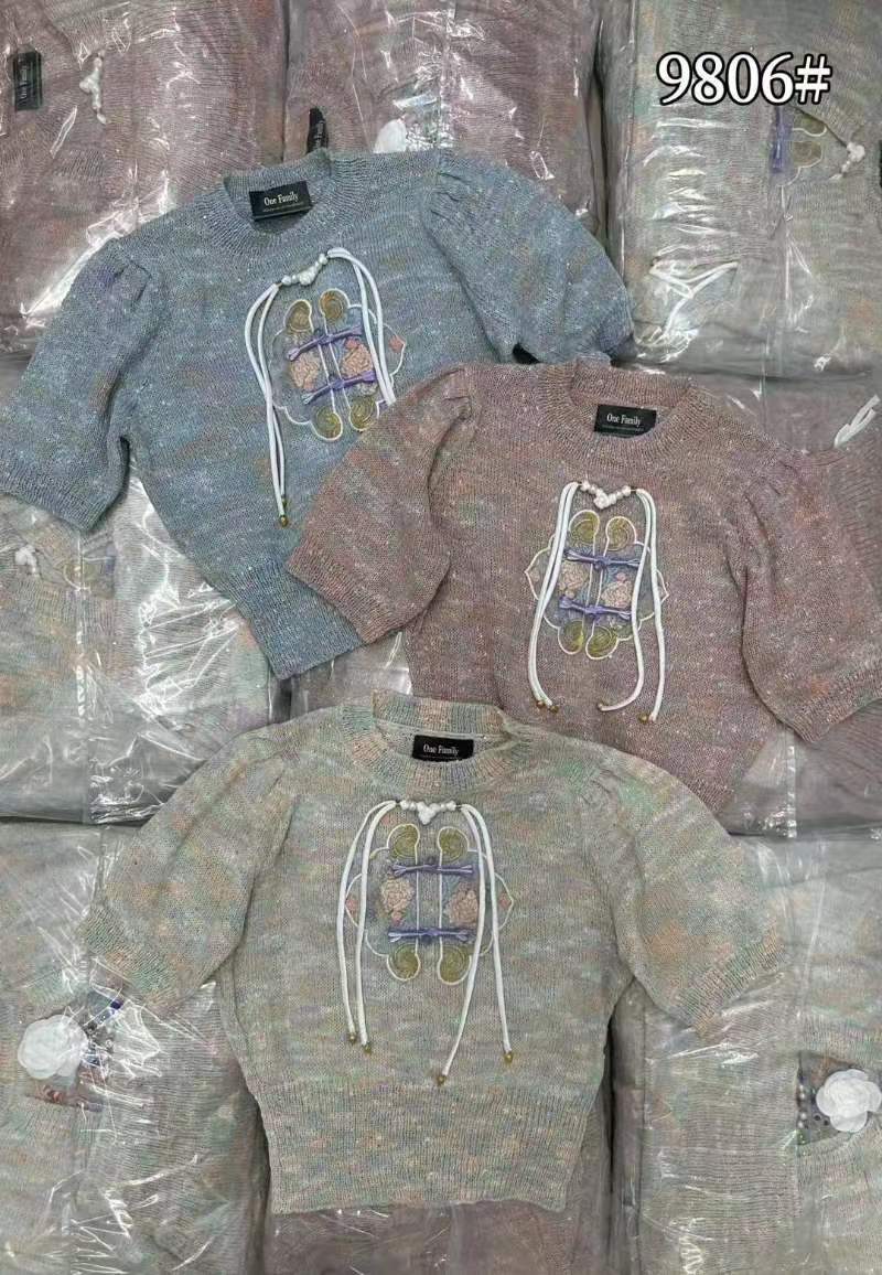 新中式刺繡國風短針織面料春夏小個子設計感圓領氣質百搭上衣