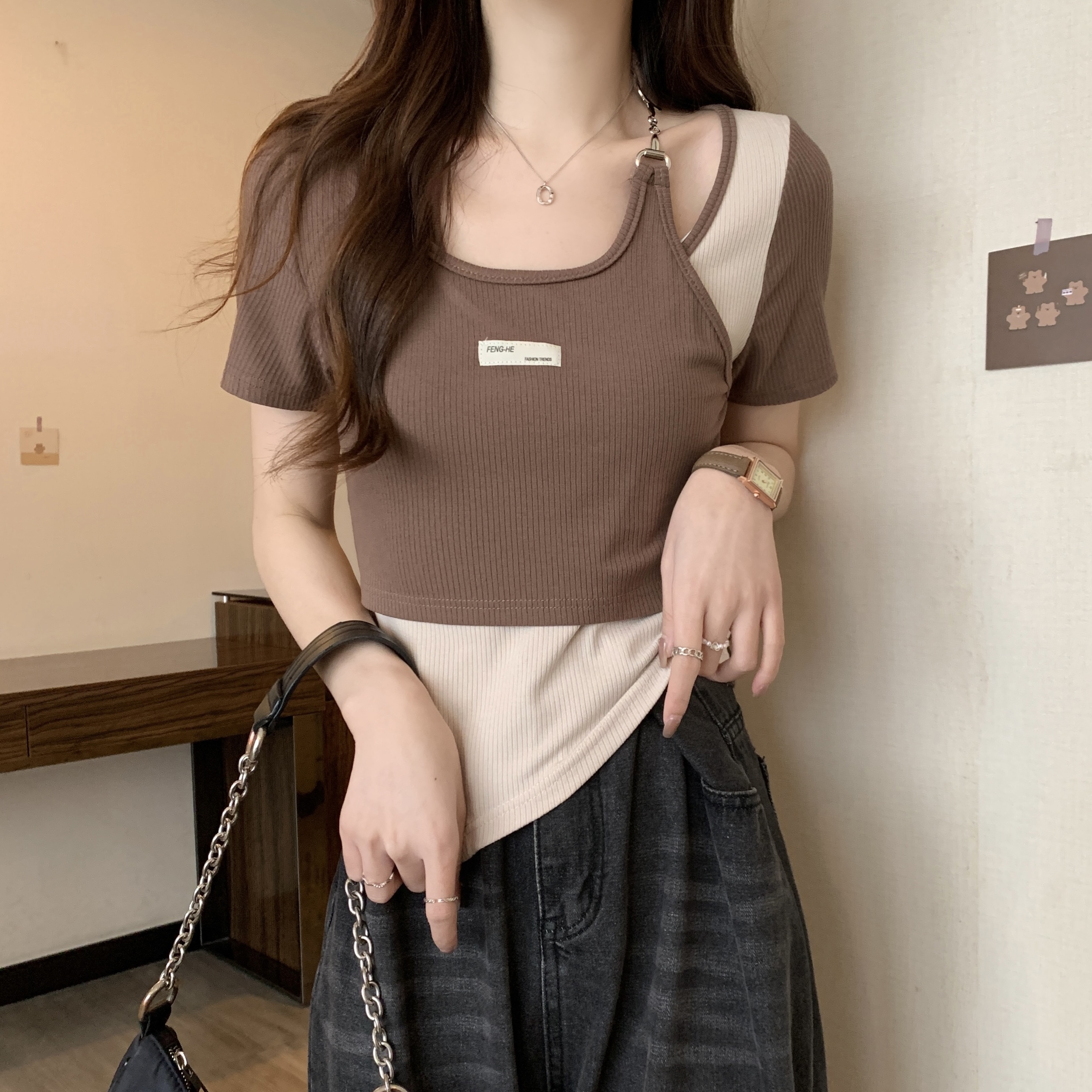 實拍不規則假兩件百搭短袖T恤女夏季小眾設計感辣妹短款上衣ins潮