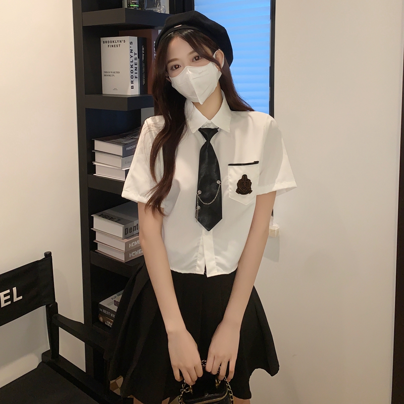 實拍#2024新款白色春季短袖襯衫學院風百搭短款襯衣女