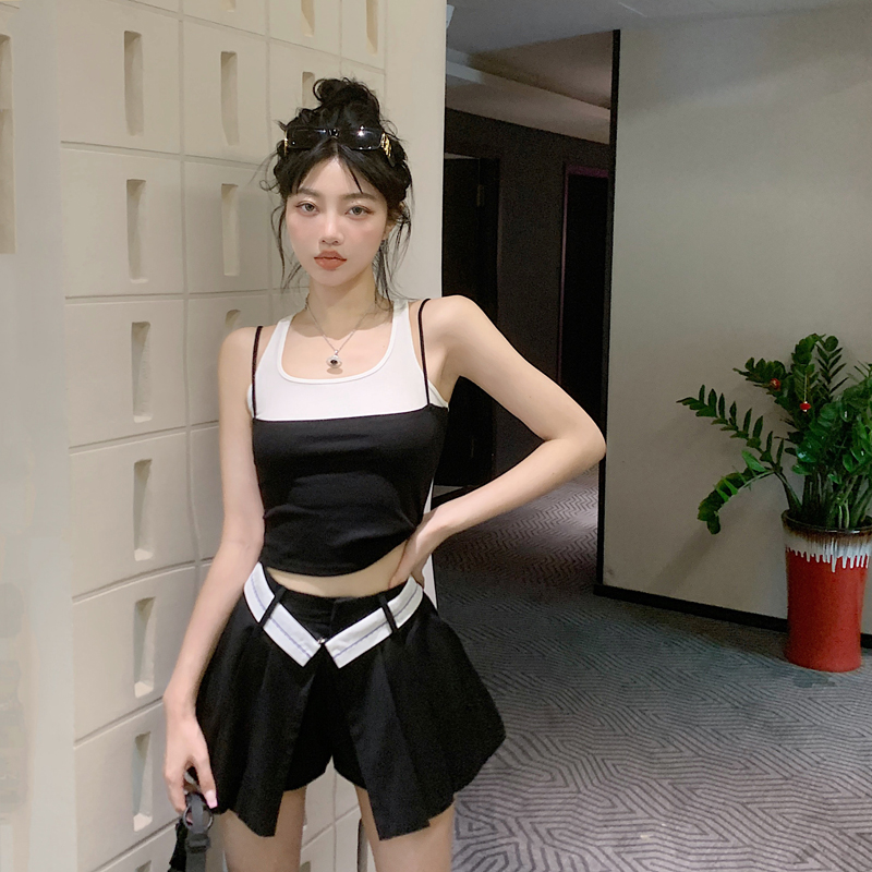 實拍 純欲性感假兩件吊帶背心+設計感高腰顯瘦翻邊闊腿百褶裙褲