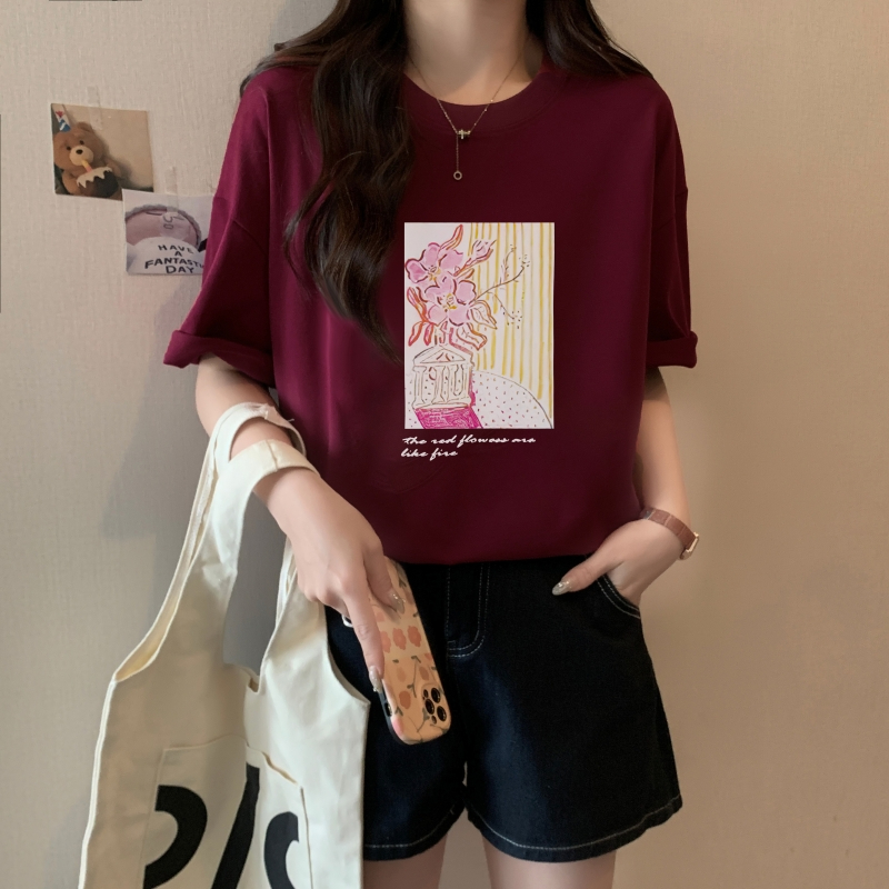實拍 100%棉精梳純棉 印花夏裝短袖T恤女寬鬆韓版