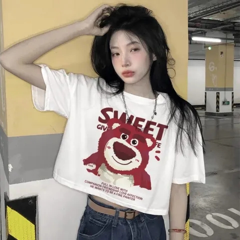 美式趣味草莓熊短款短袖t恤女復古修身甜辣風ns小個子上衣