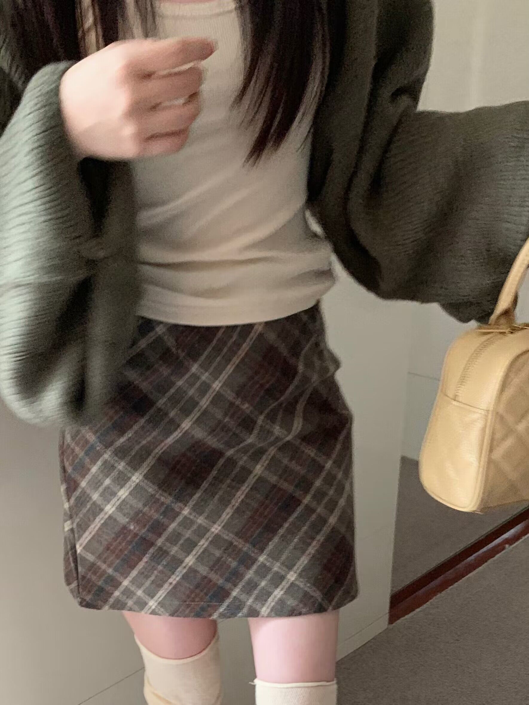 高腰格子毛呢半身裙女秋冬年新款復古格紋包臀裙短期A字裙子