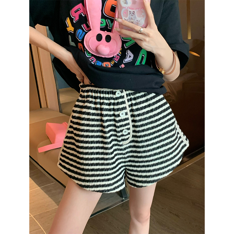 Black Striped Sports Shorts Women's Summer New High Waist Small Loose Wide Leg Drawstring Casual Pants