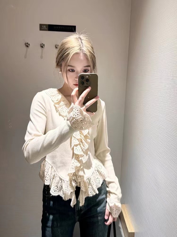 Drawdream 設計感時尚木耳邊V領針織衫女秋冬洋氣系帶緊身長袖T恤