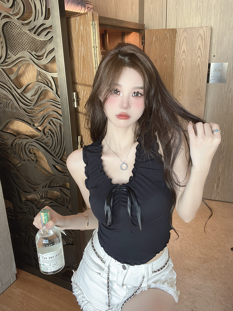 實拍 內搭上衣女春夏設計感花邊綁帶溫柔杏色短款背心