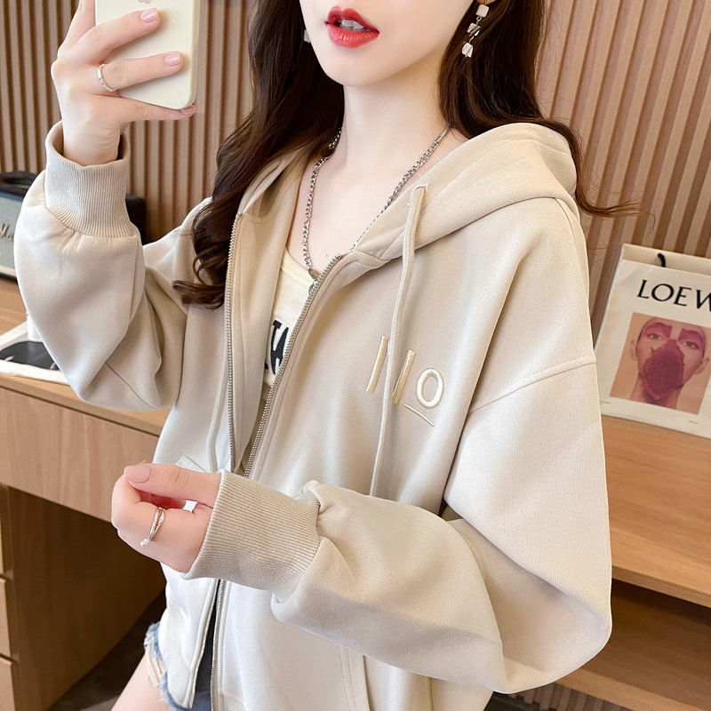 Real shot 2024 spring new Korean style 320g loose hooded letter embroidered zipper cardigan thin jacket for women