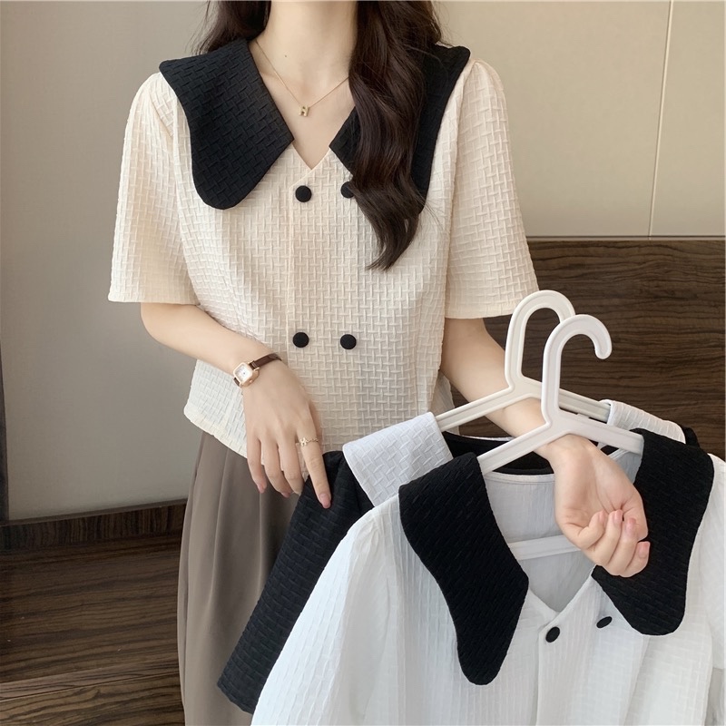 實拍夏裝大碼女裝胖MM法式雙排襯衫設計感小眾上衣女M-4XL200斤