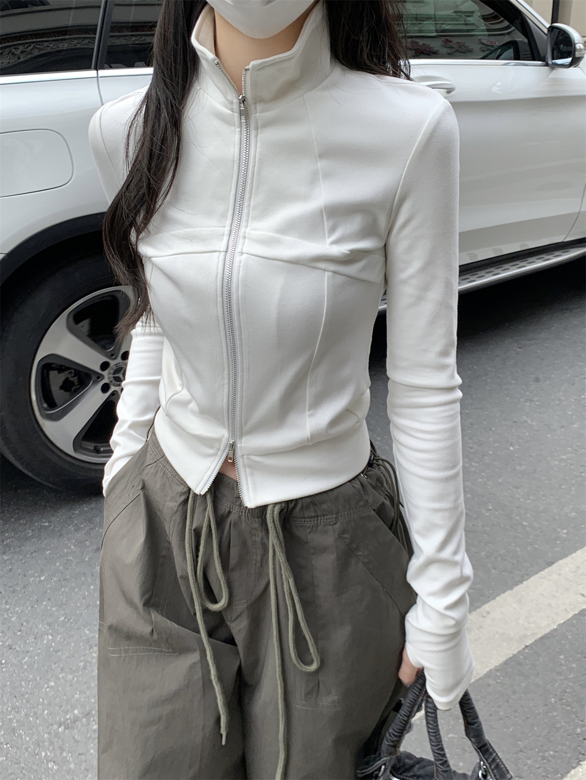 實拍 春季韓版修身魚骨設計感拉鏈長袖開衫純棉T恤上衣女外套