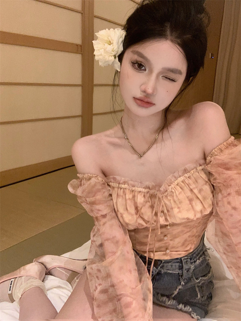 實拍油畫感拼紗顯白上衣法式碎花方領短款小衫