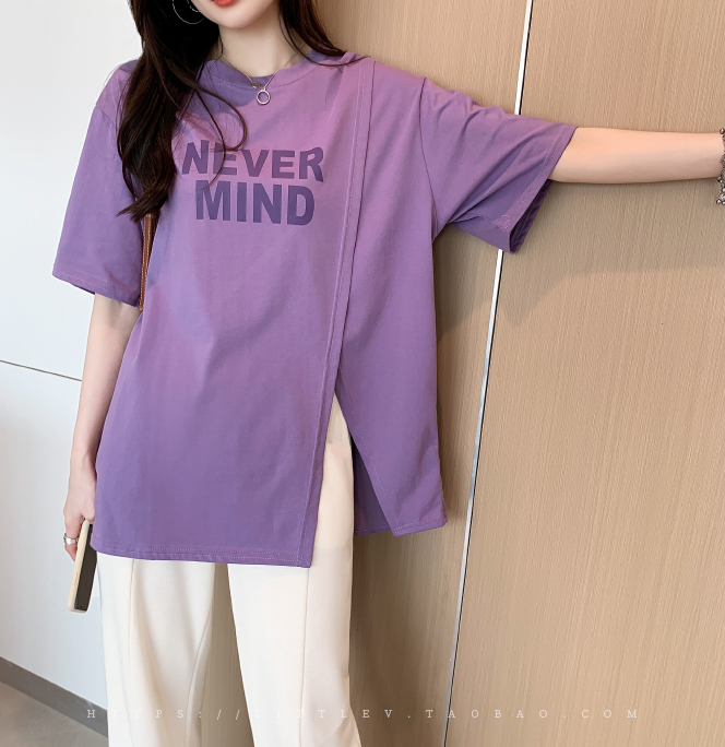新款大碼女裝開叉短袖t恤設計感小不規則寬鬆印花上衣M-4XL200斤