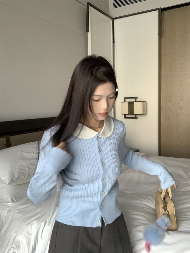 實拍~ 曼哈頓少女 可愛娃娃領短款長袖針織衫