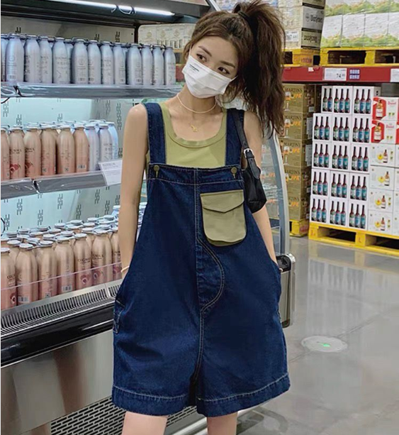 夏裝設計感美式牛仔背帶短褲胖mm大碼寬鬆韓版闊腿短褲S-5XL200斤